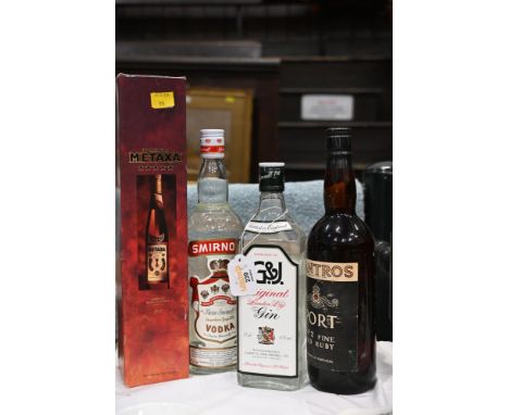 Bottles of alcohol, J&G Gin, Smirnoff Vodka, Mantros Port and Metaxa 
