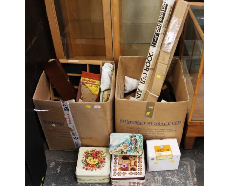 Two boxes of vintage tins, door curtain rod, light fittings, wooden trays, etc 