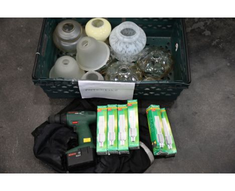 Box of light bulbs, glass lamp shades, Bosch PSR 96 rechargeable drill, bag etc  