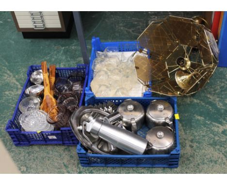 Two glass light shades, three boxes of glass and stainless items 