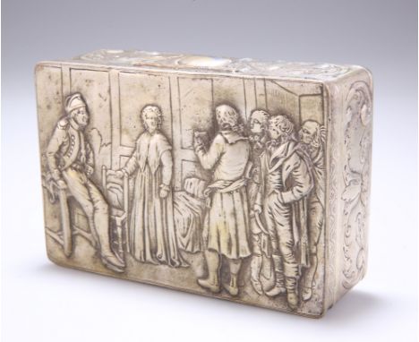 A CONTINENTAL WHITE METAL BOX, 19TH CENTURY, rectangular, the hinged cover repousse with figures in 18th Century dress, the s