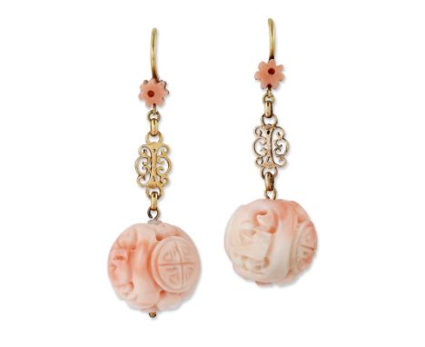 A PAIR OF CHINESE CORAL EARRINGS, each carved pink coral flower head suspending a pierced scroll link terminating in a pink c