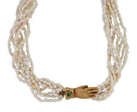 A MULTI-STRAND FRESHWATER&nbsp;PEARL NECKLACE, WITH A DECORATIVE EMERALD, SPLIT PEARL AND DIAMOND SET HAND CLASP, eight&nbsp;