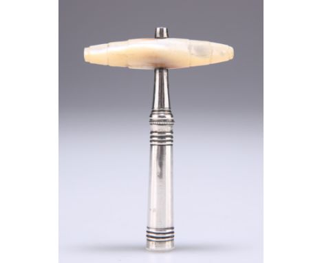 A GEORGE III SILVER AND MOTHER-OF-PEARL CORKSCREW,&nbsp;probably by John Touliet, London, c.1790, the barrel-shaped toggle ha
