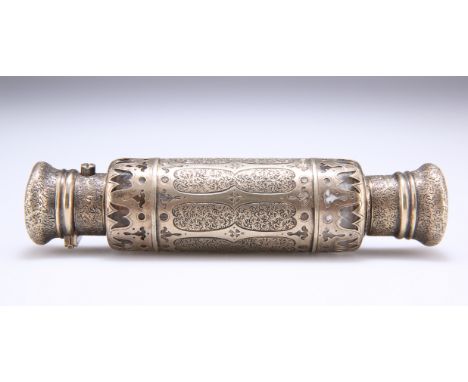 A VICTORIAN SILVER-GILT AND GLASS SCENT FLASK,&nbsp;by&nbsp;George Brace, cylindrical with engraved and pierced decoration, a