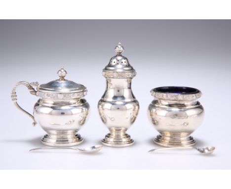 AN ELIZABETH II SILVER CRUET SET,&nbsp;by&nbsp;Adie Brothers Ltd, Birmingham&nbsp;1954 and 1957, Celtic pattern, cased; toget