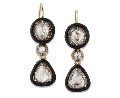 A PAIR OF BLACK ENAMEL AND DIAMOND EARRINGS, each rose-cut diamond in a cut-down setting and within a black enamel frame, sus