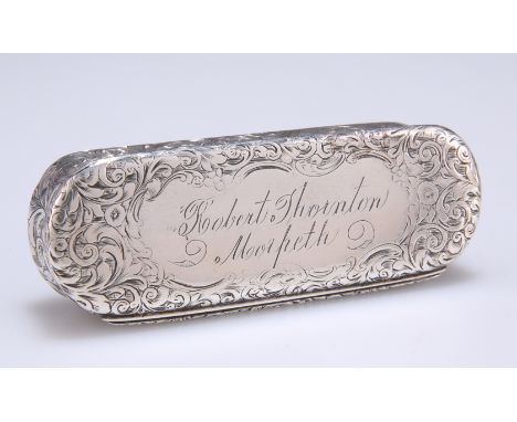 A VICTORIAN SILVER SNUFF BOX,&nbsp;by&nbsp;Edward Smith, Birmingham 1846, rectangular with rounded ends and hinged lid, engra