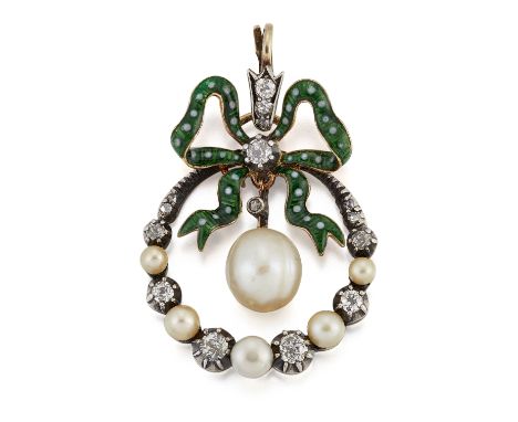 A NATURAL SALTWATER PEARL, DIAMOND AND ENAMEL PENDANT, a green and white enamelled ribbon bow with a central old-cut diamond 