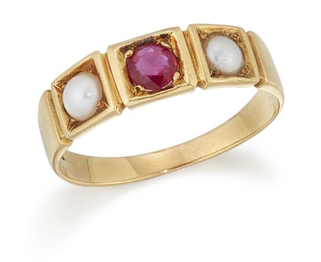 A RUBY AND SPLIT PEARL RING, a round-cut ruby in a square setting, spaced by split pearls, to a tapering shank, stamped '18CT