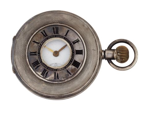 A SILVER HALF HUNTER POCKET WATCH,&nbsp;circular white enamel dial with black Arabic index and gilt hands, sub seconds dial a
