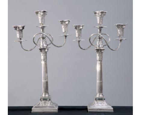 A PAIR OF ADAM REVIVAL SILVER-PLATED CANDELABRA, 19TH CENTURY, each with stop-fluted Corinthian columns beneath a detachable 