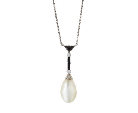 A NATURAL SALTWATER PEARL, ONYX AND DIAMOND PENDANT NECKLACE, a triangular onyx suspending a drop pearl from an onyx and eigh