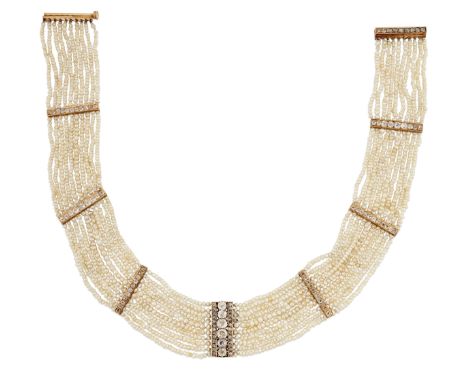 A LATE NINETEENTH CENTURY NATURAL SALTWATER PEARL AND DIAMOND NECKLACE, ten strands of natural saltwater pearls to a central 
