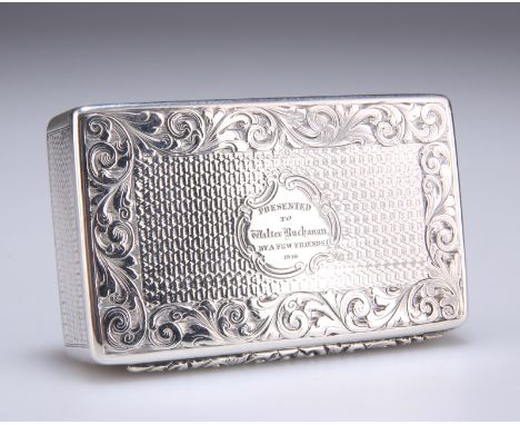 AN EARLY VICTORIAN SILVER SNUFF BOX,&nbsp;by&nbsp;Edward Smith, Birmingham 1842, rectangular, the hinged cover with scrolling