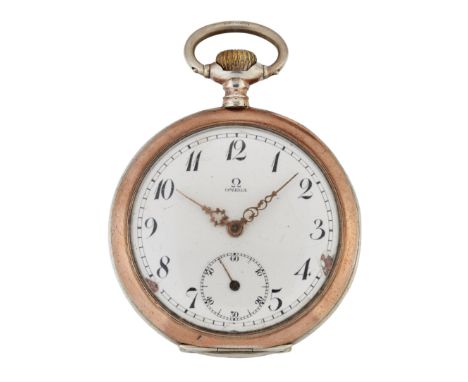 AN OMEGA OPEN FACED POCKET WATCH,&nbsp;circular white dial with Arabic numerals, guilt scroll hands and sub seconds at 6 o'cl