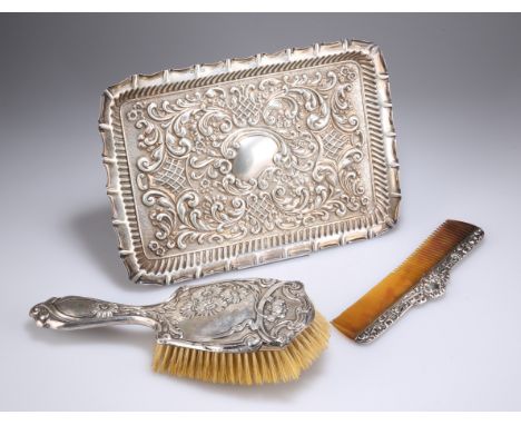 A GROUP OF SILVER DRESSING TABLE ARTICLES, comprising tray, by&nbsp;William Devenport, Birmingham 1899, rectangular, embossed