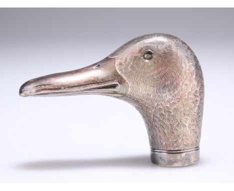 AN INDIAN SILVER PARASOL HANDLE, by Oomersi Mawji, Bhuj, Kutch (Cutch), c.1890, in the form of a duck's head, stamped 'OM' to