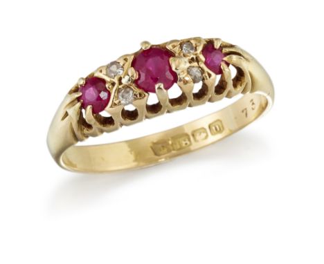 A RUBY AND DIAMOND RING, three graduated round-cut rubies spaced by pairs of eight-cut diamonds in claw settings to an open g