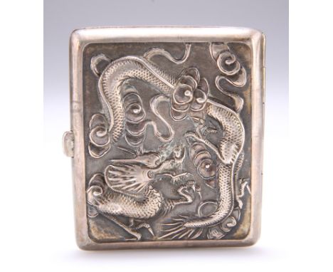 A CHINESE SILVER CIGARETTE CASE, CIRCA 1900, apparently unmarked, repousse back and front with a dragon. 8cm by 7cm, 2.7 troy