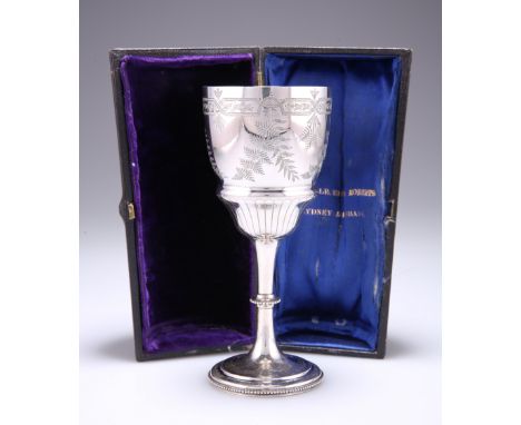 A VICTORIAN SILVER GOBLET,&nbsp;Birmingham 1886, the bowl engraved with ferns, raised on a beaded knop stem continuing to a s