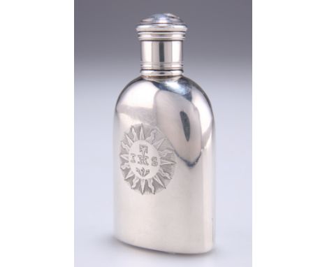 A SMALL VICTORIAN SILVER HIP FLASK, London 1840, of shouldered sack-form with screw cap, engraved with initials to the centre