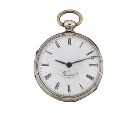 A WHITE METAL BREGUET POCKET WATCH,&nbsp;circular white enamel dial bears Breguet a Paris signature, with black Roman index a