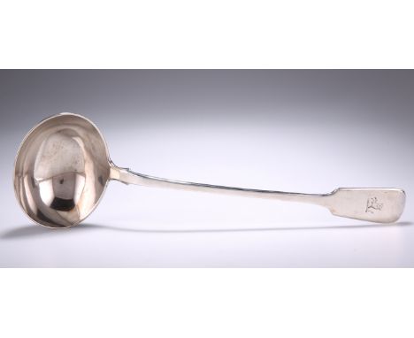 A VICTORIAN SILVER SOUP LADLE,&nbsp;by&nbsp;Elizabeth Eaton, London 1846, Fiddle pattern, engraved with a crest. 34.5cm long,