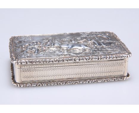 A GEORGE IV SILVER SNUFF BOX,&nbsp;by&nbsp;Ledsam, Vale &amp; Wheeler, Birmingham 1828, rectangular, the hinged cover decorat