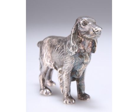 AN ELIZABETH II CAST SILVER MODEL OF A SPANIEL,&nbsp;by A. Edward Jones Ltd, Birmingham 1972, the dog modelled standing looki