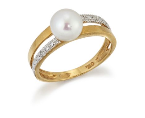 A CULTURED BUTTON PEARL AND DIAMOND RING, a cultured button pearl, to forked shoulders alternating as plain and single diamon