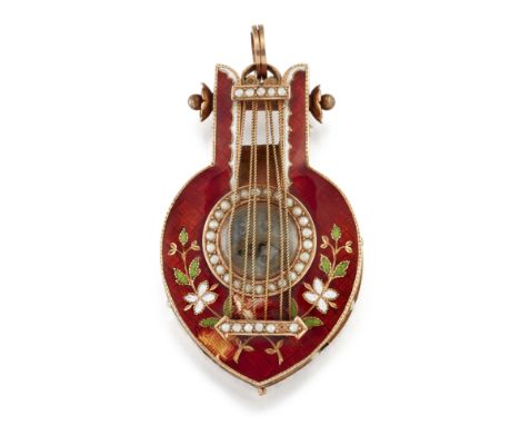 AN EARLY 19TH CENTURY ENAMEL &amp; SEED PEARL PENDANT WATCH, of lyre form, the hinged front cover decorated with a musical sc