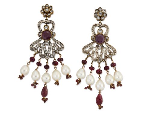 A PAIR OF INDIAN RUBY, PASTE AND CULTURED PEARL DROP EARRINGS, each round-cut white paste cluster suspending a large pendant 