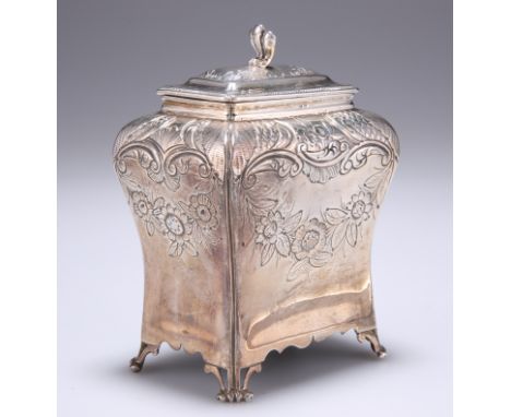 A GEORGE III SILVER CADDY,&nbsp;probably by Abraham Portal, London 1761, of bombe form, chased with foliate swags, scrolls an