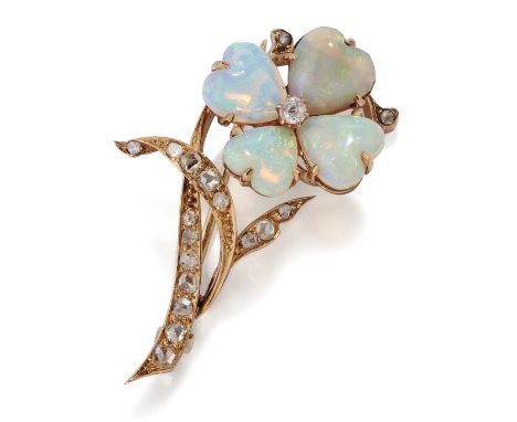 AN OPAL AND DIAMOND FLORAL SPRAY BROOCH, an old-cut diamond within four heart opals in claw settings, to rose-cut diamond ste