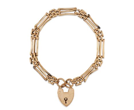 A GATE LINK BRACELET, rows of three long bar links alternating with rows of four brick links, to a padlock clasp, stamped '9C