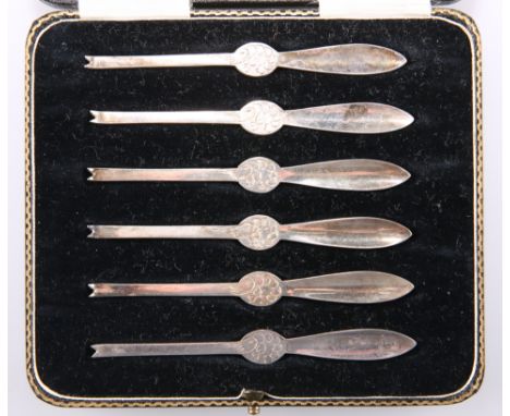 A SET OF SIX GEORGE V SILVER LOBSTER PICKS,&nbsp;by&nbsp;Thomas Bradbury &amp; Sons Ltd, Sheffield 1929, each engraved with a
