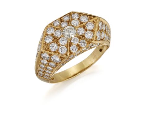 A DIAMOND DRESS RING, a round brilliant-cut diamond within a pavé-set diamond hexagonal top and angular shoulders, total esti