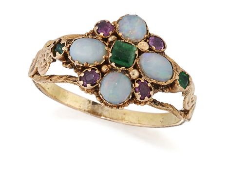 A 19TH CENTURY OPAL, EMERALD AND GARNET CLUSTER RING, an octagonal-cut emerald in a cut-down setting within a border of oval 