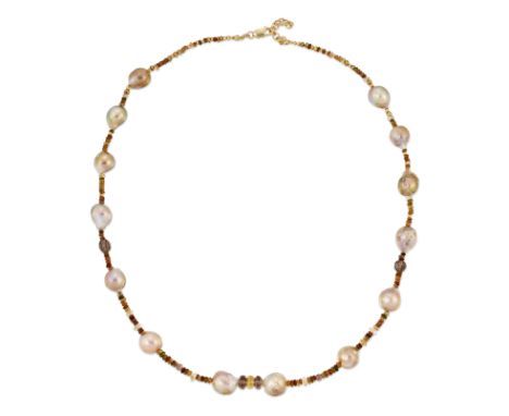 A CULTURED PEARL AND GEMSTONE BEAD NECKLACE,&nbsp;large golden baroque cultured pearls spaced by groups of faceted and round 