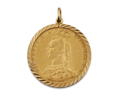 A VICTORIA, 1887 SOVEREIGN, LOOSE MOUNTED IN A 9 CARAT GOLD FRAME AS A PENDANT, frame hallmarked with sponsor's mark 'JP', Lo