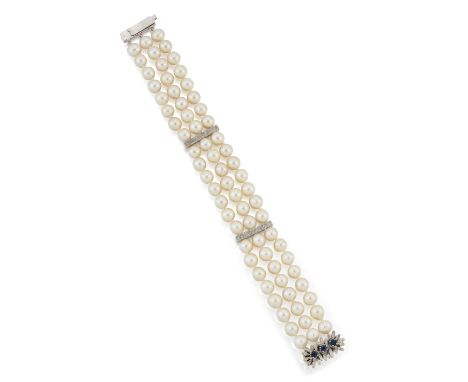 A CULTURED PEARL AND SAPPHIRE BRACELET,&nbsp;three rows of cultured pearls, knotted to two textured bar links and a box clasp