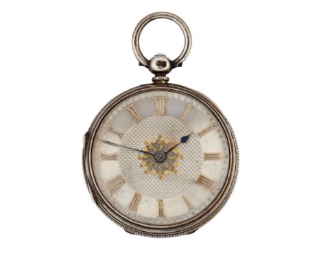 A SILVER OPEN FACED POCKET WATCH,&nbsp;circular silver dial with gilt Roman numerals and blued steel hands, engine turned cas