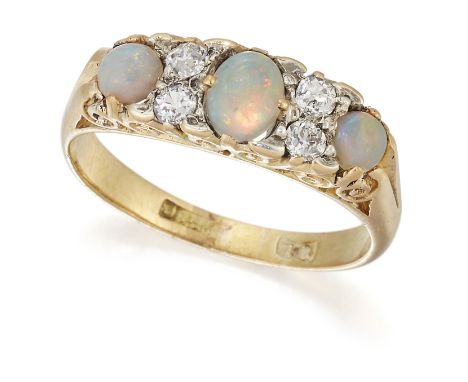 A VICTORIAN OPAL AND DIAMOND RING, an oval opal in a claw setting spaced by pairs of old-cut diamonds and two round opals, ab