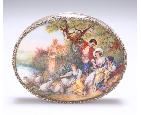 A SILVER AND ENAMEL BOX,&nbsp;import mark, S &amp; Co, London 1937, oval, the hinged cover decorated with a scene of 18th Cen