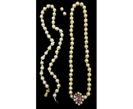 Single strand pearl necklace, with amethyst and pearl gold clasp, stamped 9ct and one other with a silver clasp, stamped 925 