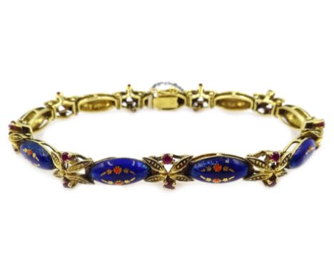 18ct gold enamel and pink stone set link bracelet, stamped 750  Condition Report & Further Details Approx 22.4gm, some enamel