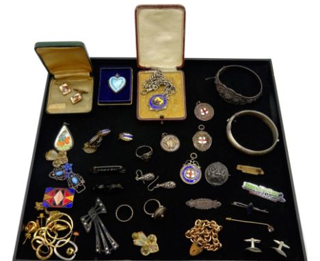Silver fobs, silver watch chain with fob, bangle, rings all hallmarked or stamped and other jewellery