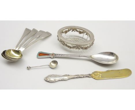 Sterling silver butter knife, 2 pairs of 19th Century silver salt spoons, Russian 916 silver spoon with enamel insert and an 