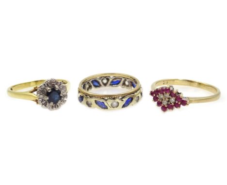 18ct gold sapphire and diamond cluster ring, 9ct gold ruby and diamond and a 9ct gold stone set eternity ring, all hallmarked